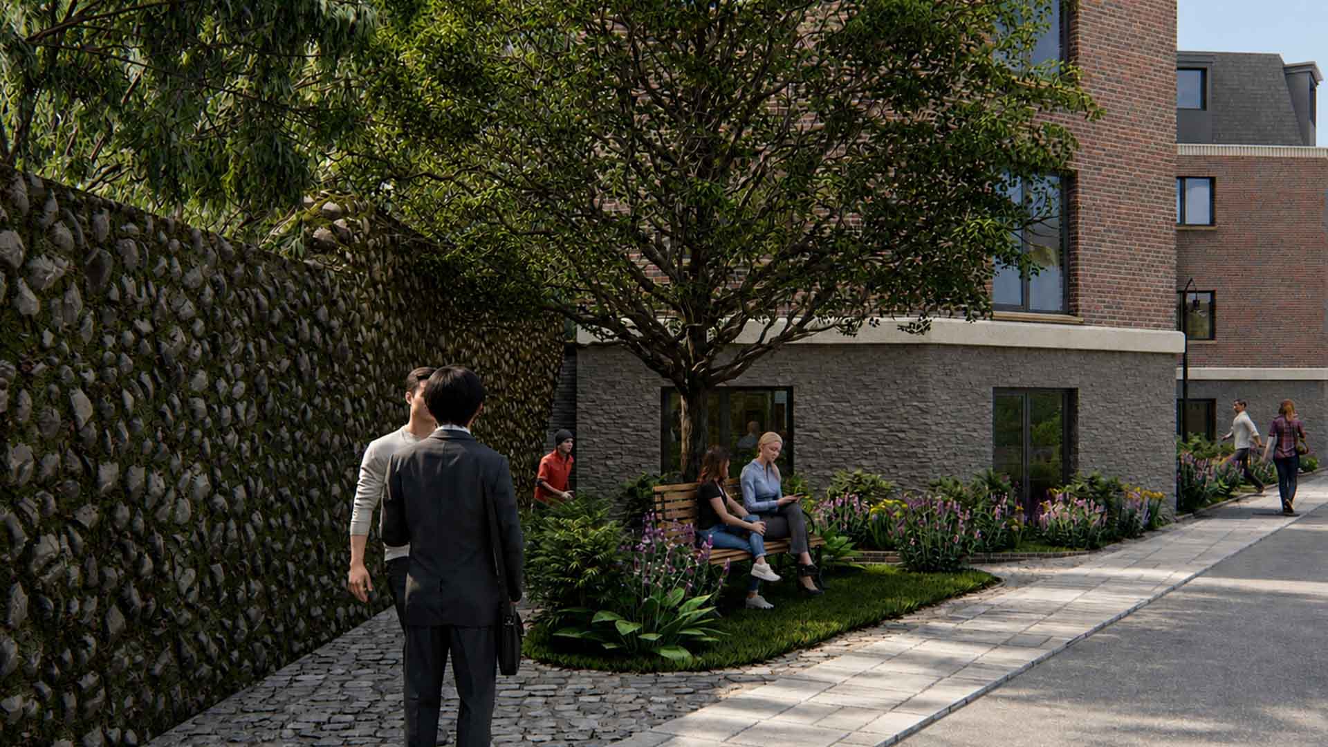 Terraced garden and landscaping at Acutis House