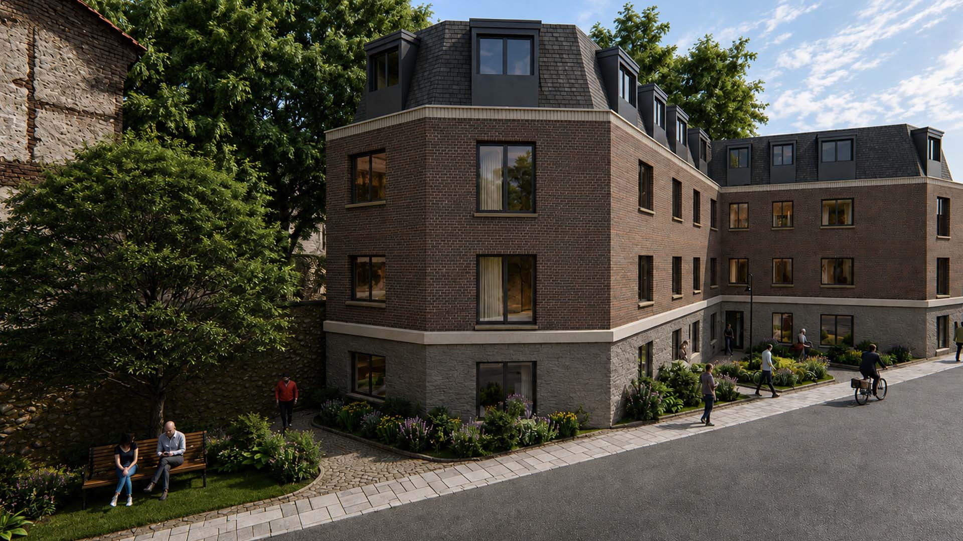 Terraced garden with building beyond